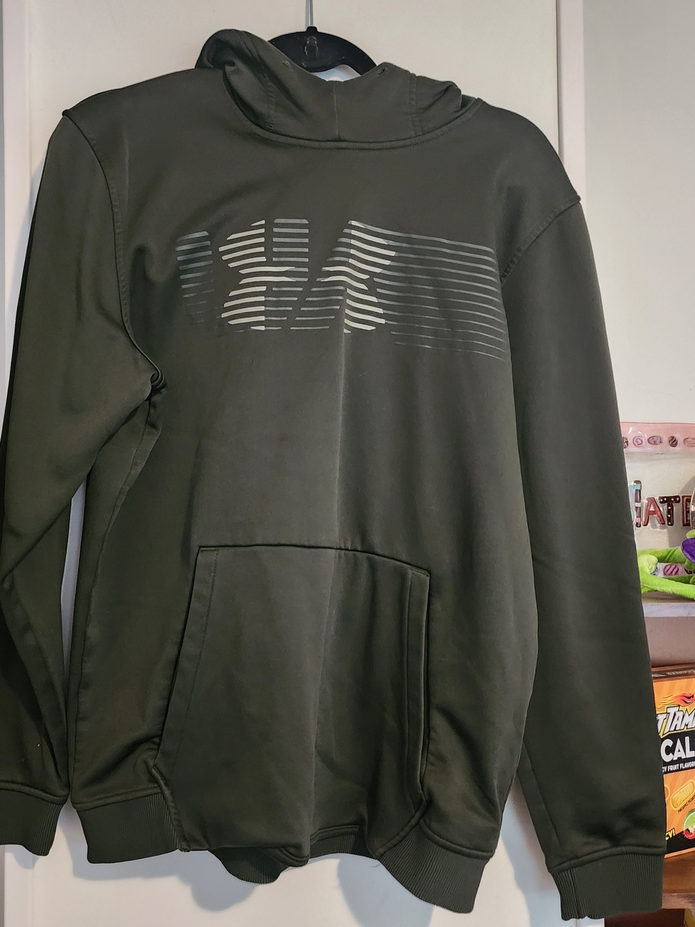 Under Armour Olive Green Pullover Hoodie with Striped Logo